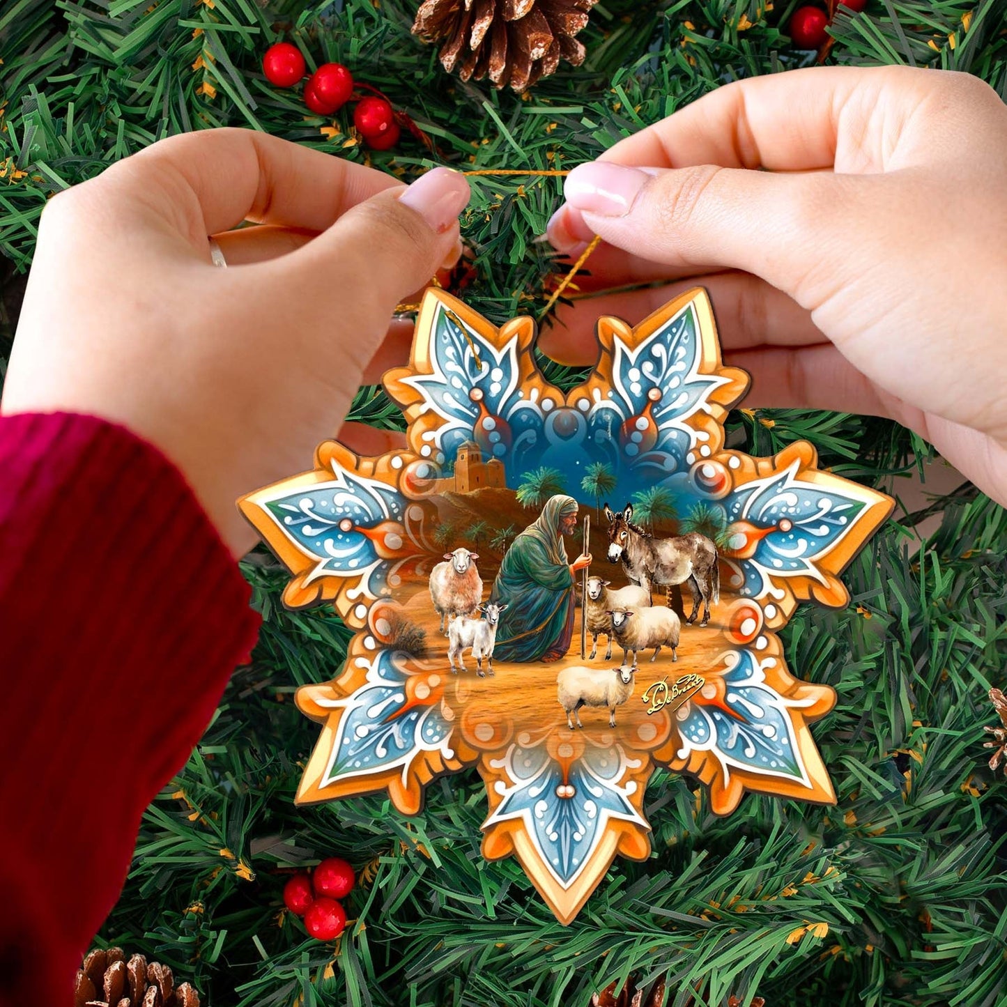 Joseph with Animals Snowflake Wooden Ornaments by G. Debrekht - Nativity Holiday Decor - 8688437