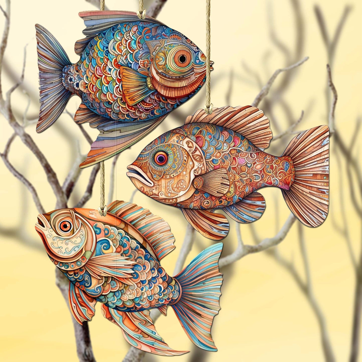 Coastal Fish Decorative Wooden Ornaments Set of 3 by G. Debrekht - Coastal Decor - 8091034-S3
