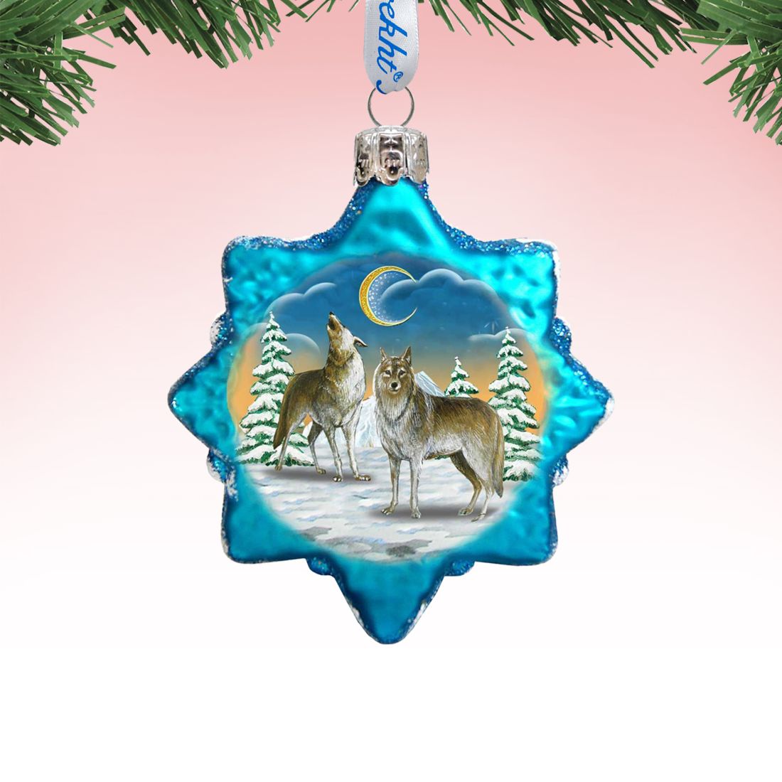 Wolves in The Winter Moon Mercury Glass Ornament by G. DeBrekht - Wildlife Holiday Decor - 771011
