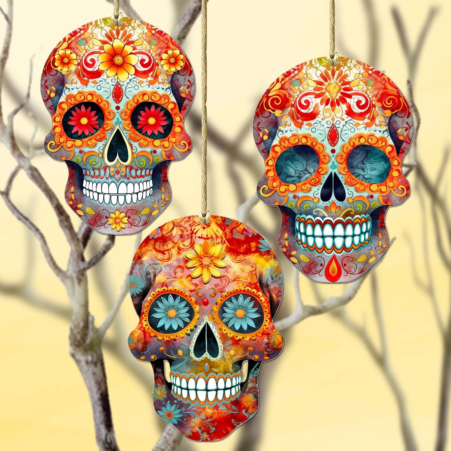 Sugar Skulls Decorative Wooden Ornaments of 3 by G. Debrekht - Halloween Decor - 8091071-S3