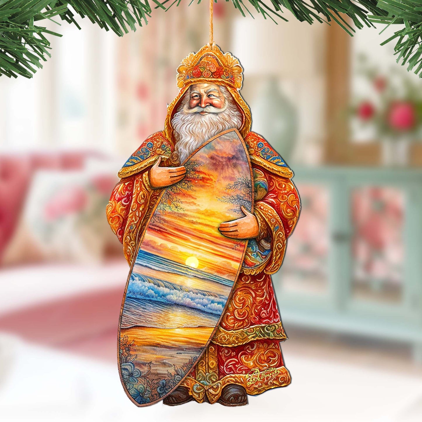 Santa's Tropical Surf Ride Wooden Ornaments by G. Debrekht - Christmas Santa Snowman Decor - 8691413
