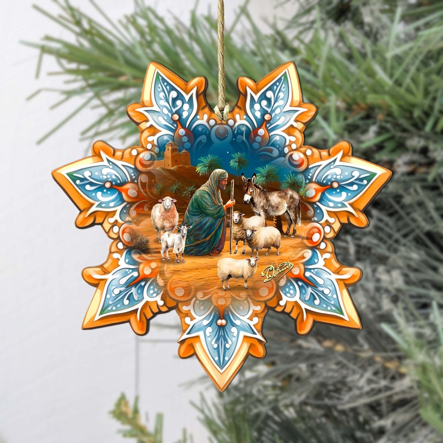 Joseph with Animals Snowflake Wooden Ornaments by G. Debrekht - Nativity Holiday Decor - 8688437