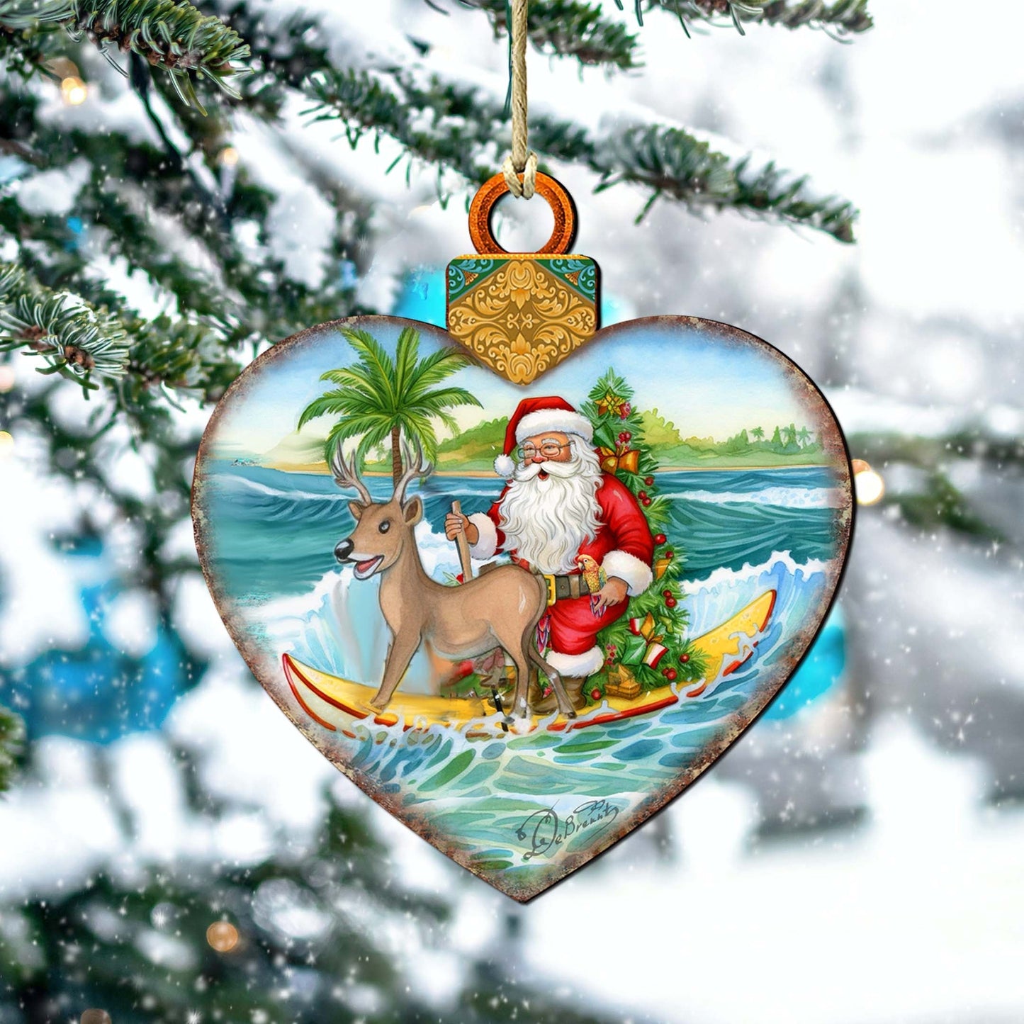 Wooden Christmas Ornaments - Surfing Santa Heart Wooden Ornaments by G.Debrekht - Coastal Holiday Decor - 8688174