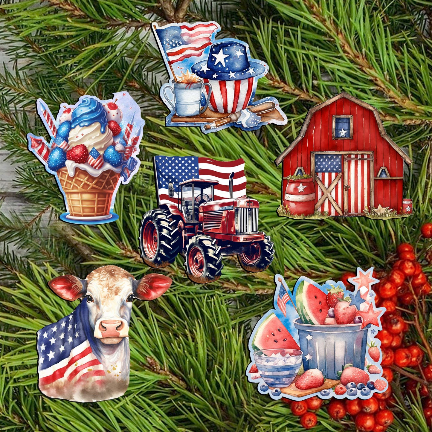American Farmhouse Decorative Wooden Clip-on Ornaments of 6 by G. Debrekht - Patriotic Decor - 8090001C-S6