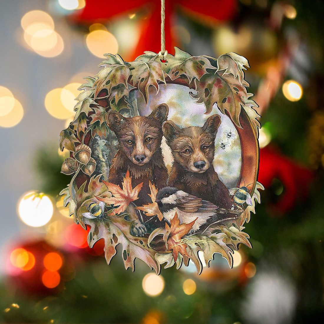 Simple Joys Black Bear Cubs Bees Wooden Ornaments by J. Bergsma - Wildlife Holiday Decor - 8591850-JB