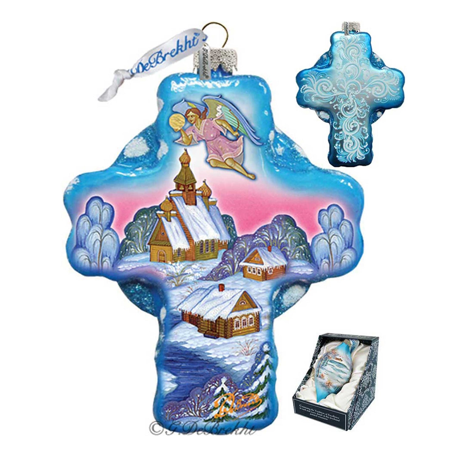 Angel Village Cross Glass Ornament by G. DeBrekht - Nativity Holiday Decor - 758-002