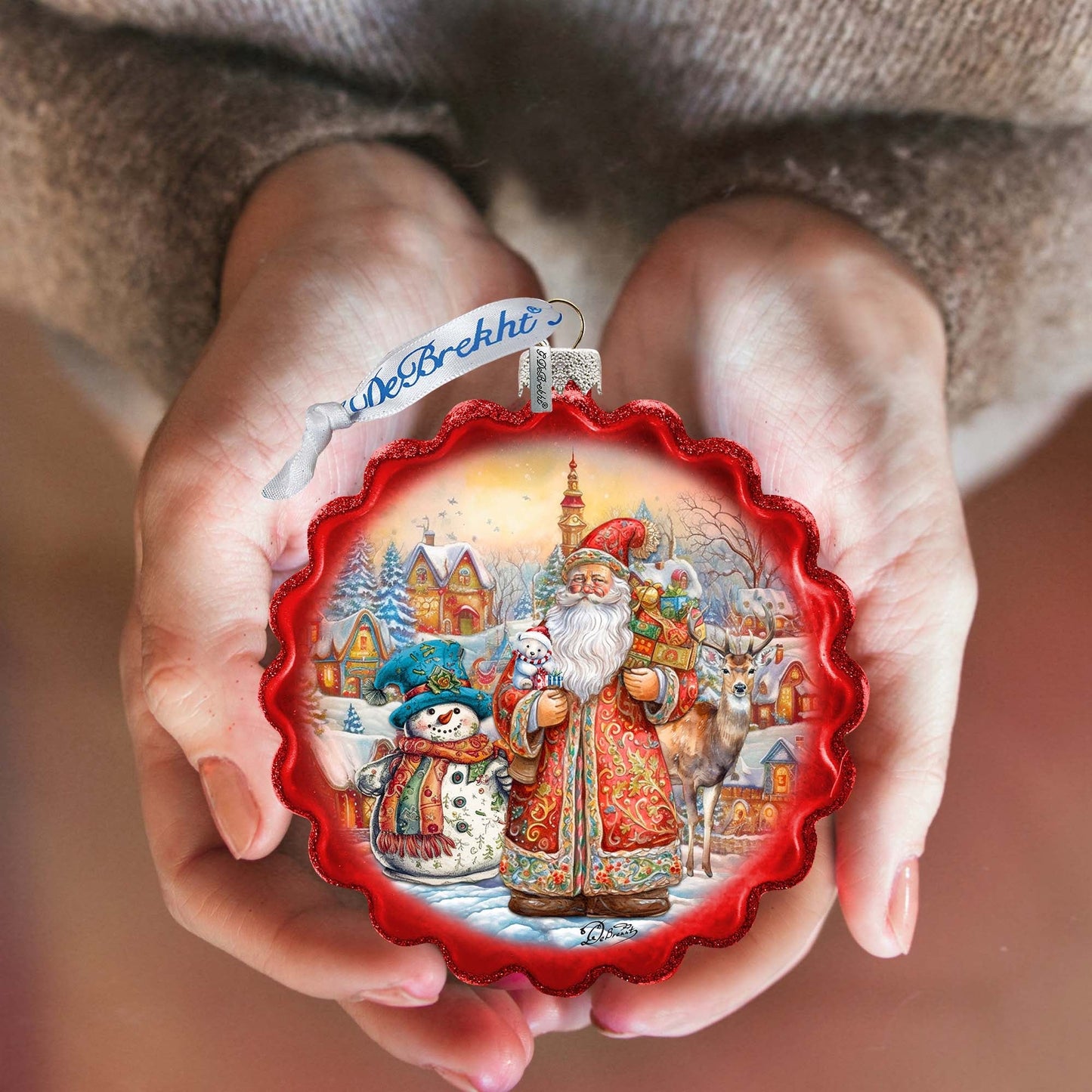 Merry Christmas Wreath Glass Ornament by G. Debrekht - Christmas Santa Snowman Decor - 759-058