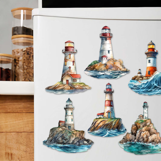 Lighthouse Decorative Wooden Magnets Set of 6 by G. Debrekht - Coastal Decor - 8090022G-S6