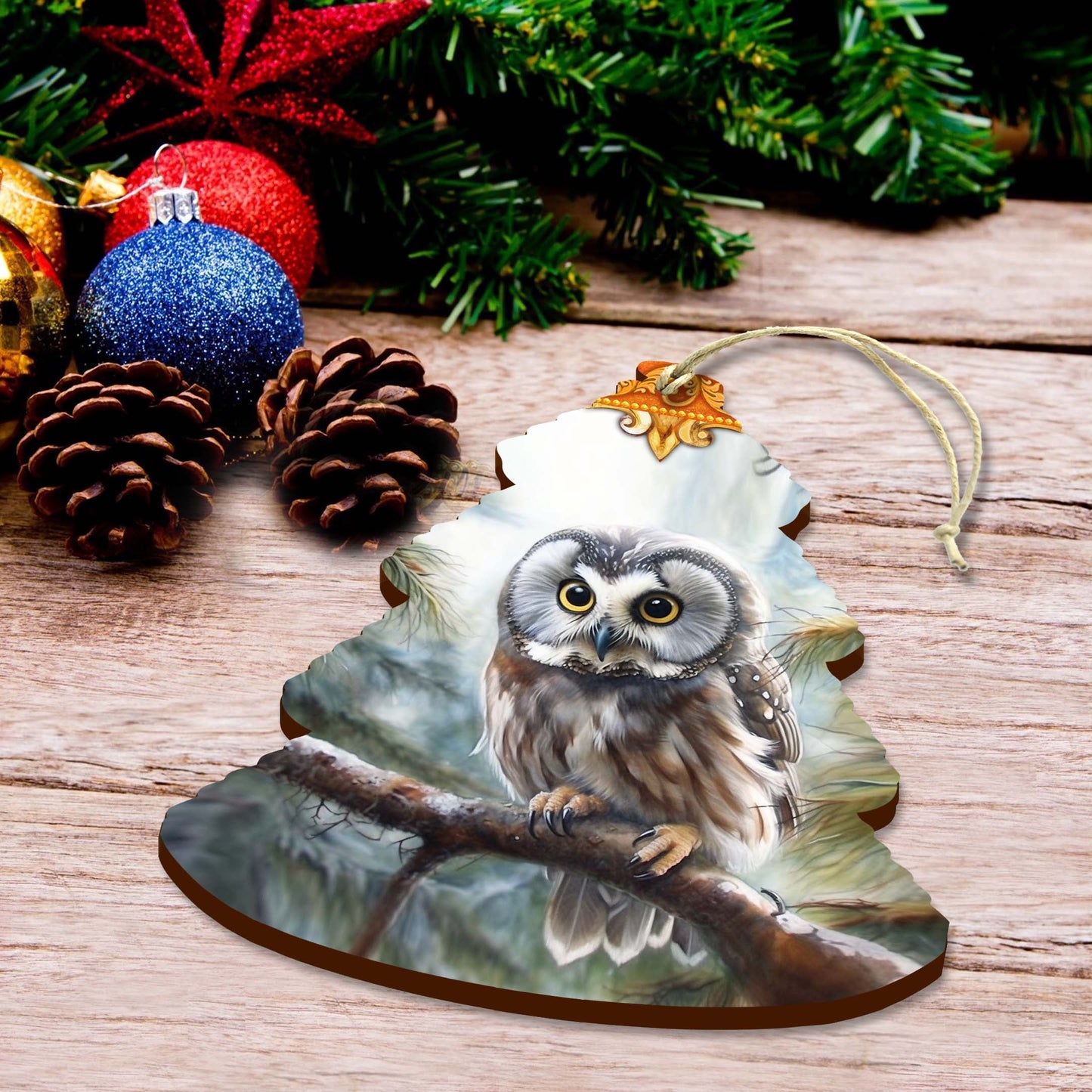 Alaskan Boreal Owl Tree Wooden Ornaments by G.Debrekht - Wildlife Holiday Decor - 870003
