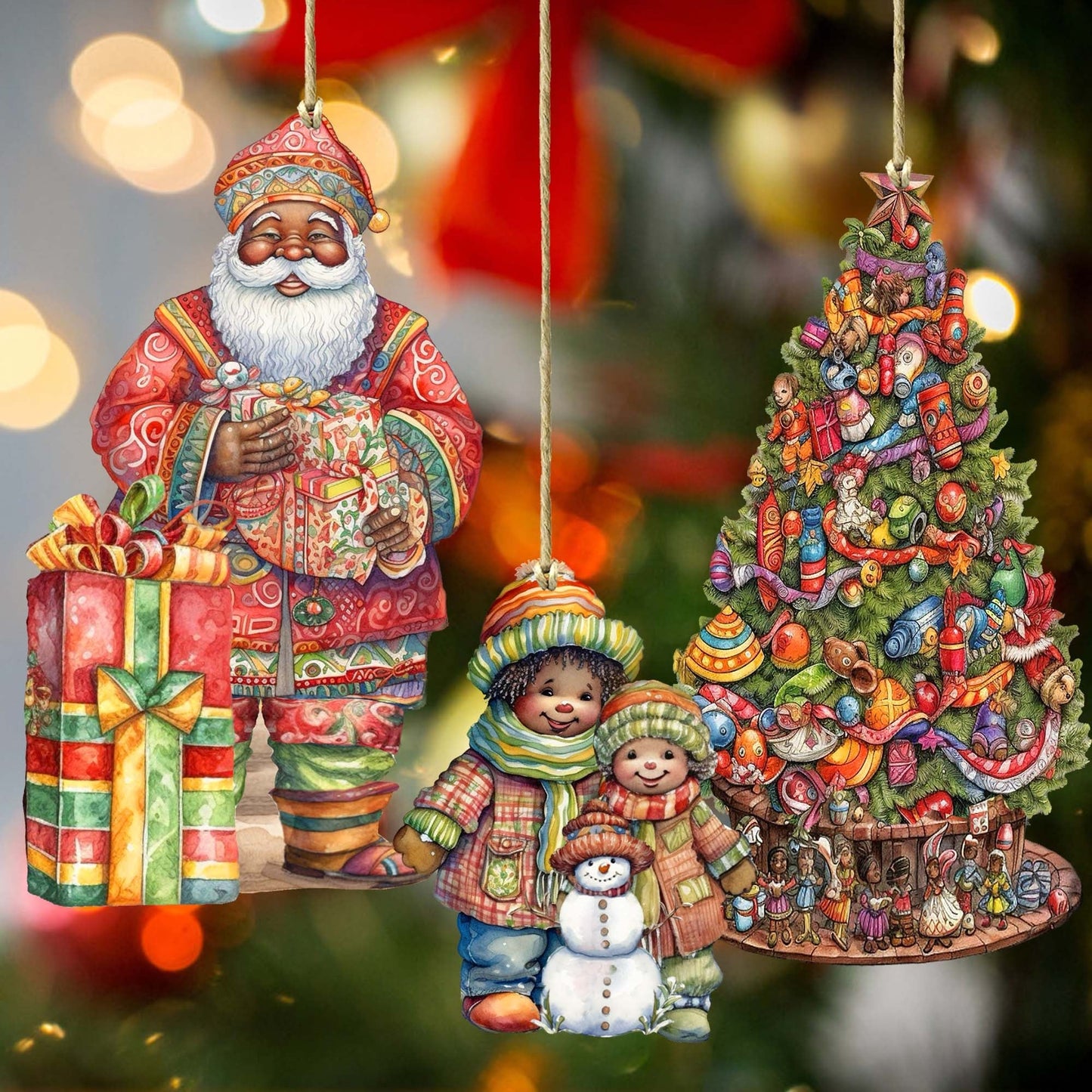 Santas Around the World - African-American Inspired Santa - Wooden Ornaments Set of 3 by G. DeBrekht Christmas Santa Snowman Decor - 8091310S3
