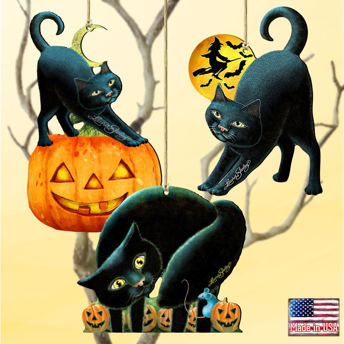 Halloween Wooden Ornaments-Spooky Cats-Set of 3 by G. DeBrekht - Thanksgiving Halloween Decor - 8100188S3