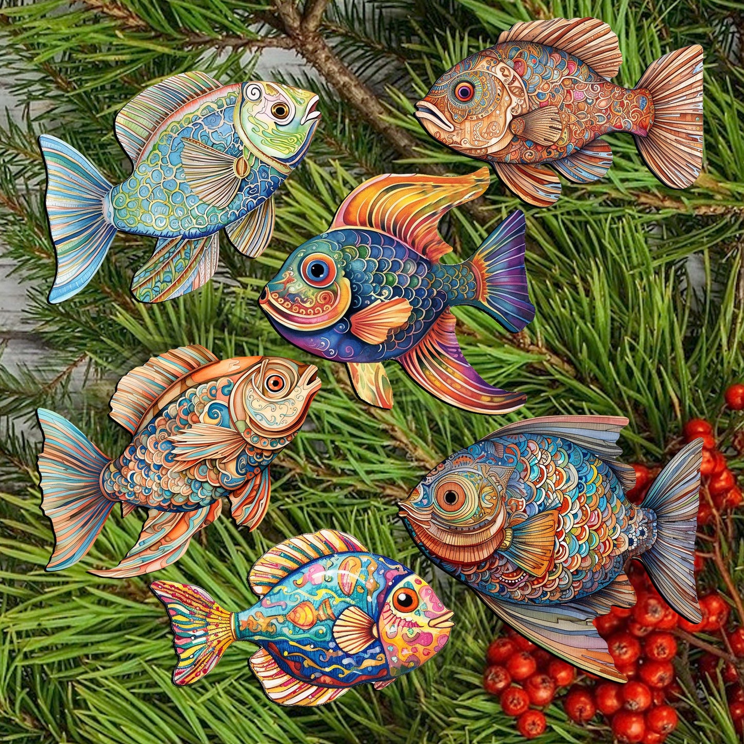 Coastal Fish Decorative Wooden Clip-on Ornaments Set of 6 by G. Debrekht - Coastal Decor - 8090034C-S6