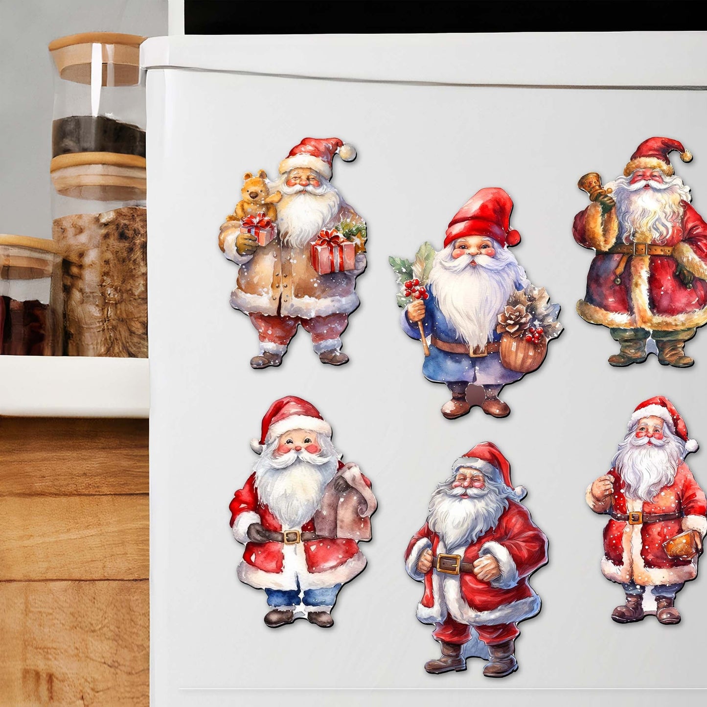Santa Decorative Wooden Magnets Set of 6 by G. Debrekht - Christmas Santa Snowman Decor - 8090009G-S6