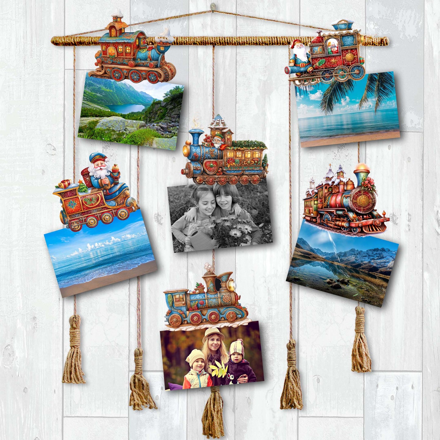 Santa Christmas Train Decorative Wooden Clip-on Ornaments Set of 6 by G. Debrekht - Christmas Decor - 8090123C-S6