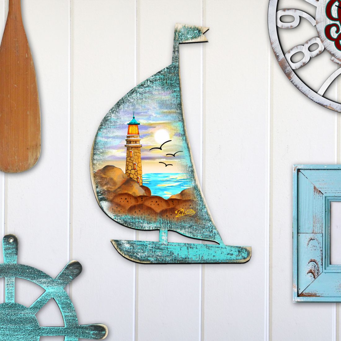 Lighthouse Boat Decorative Door Decor by G. DeBrekht - Coastal Holiday Decor - 8198524H