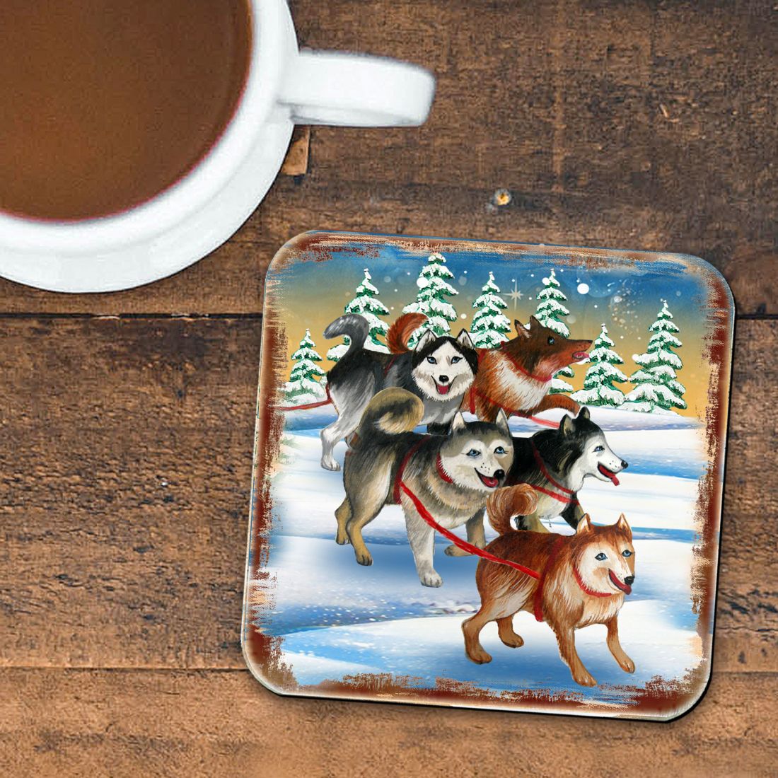 Huskies Wooden Cork Coasters Gift Set of 4 by Nature Wonders - Nature Wildlife Decor  - 95378C-S4
