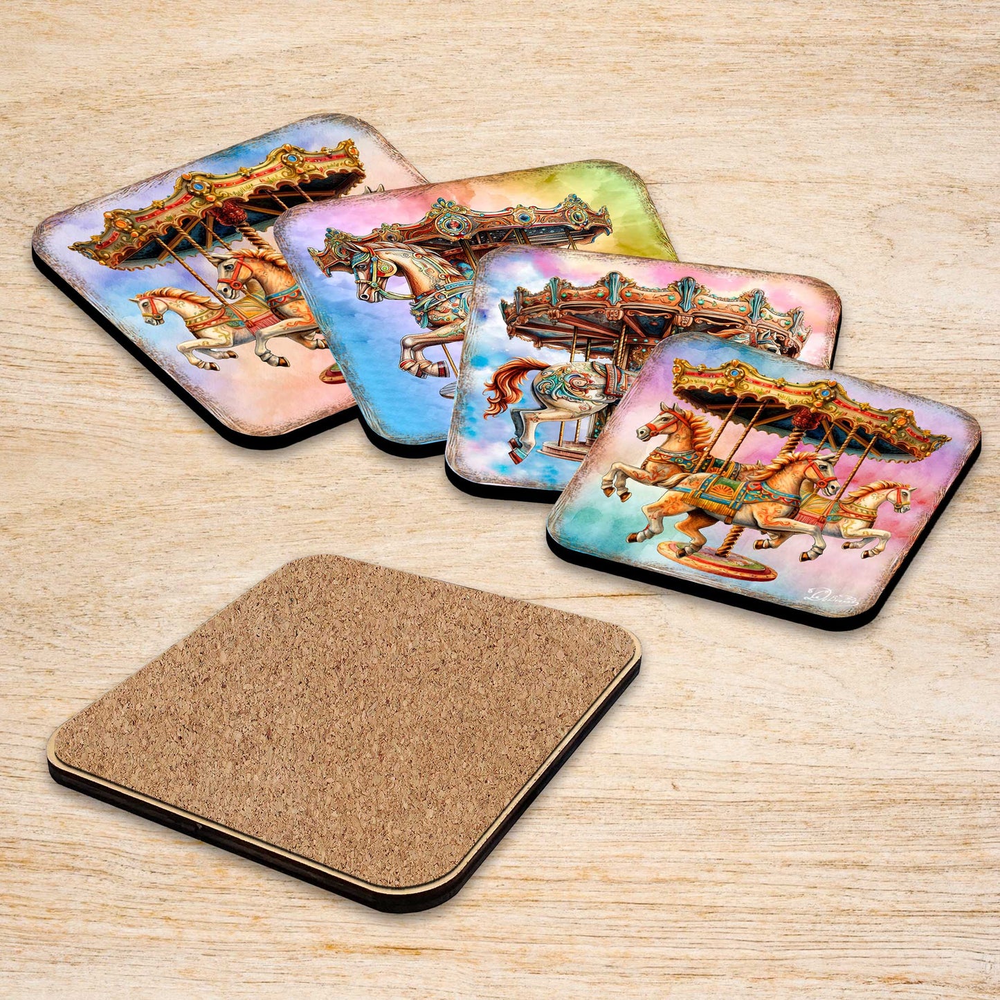 Carousel Horses Wooden Cork Coasters Gift Set of 4 by G. Debrekht - Christmas Decor  - 8199439C-S4