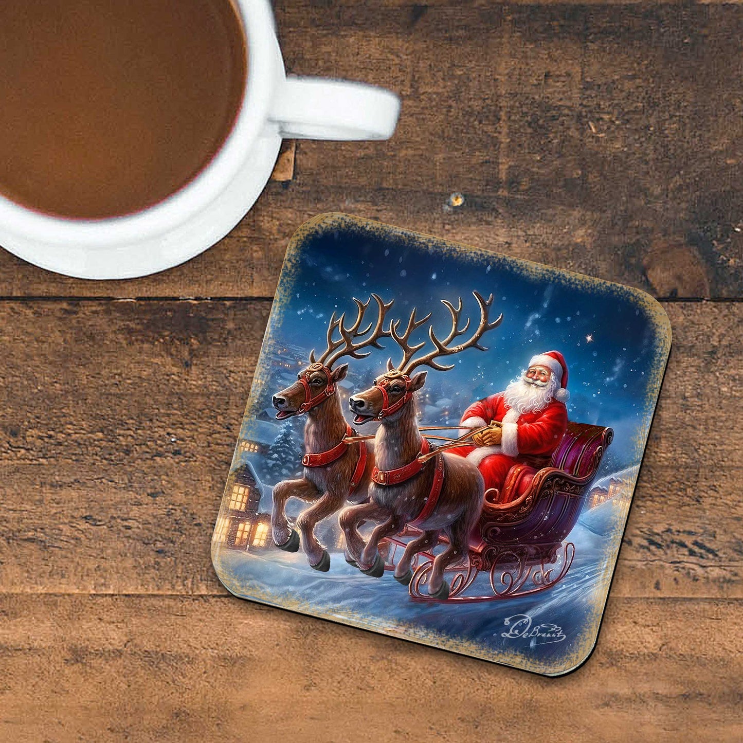 Santa's Sleigh Wooden Cork Coasters Gift Set of 4 by G. Debrekht - Santa Christmas Decor  - 8199445C-S4