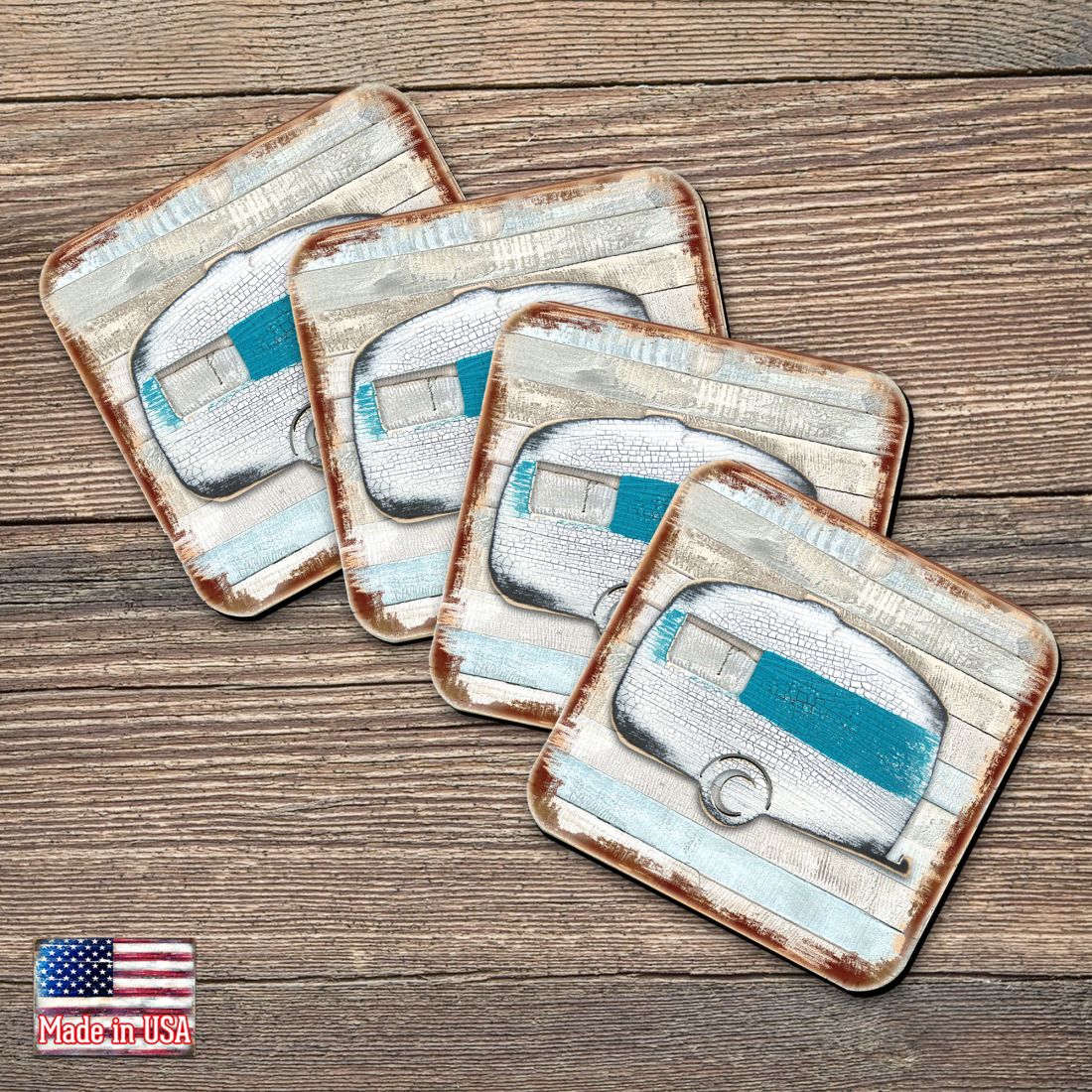 Woodsy Camper Wooden Cork Coasters Gift Set of 4 by Nature Wonders - Nature Wildlife Decor  - 8198431-9C-S4