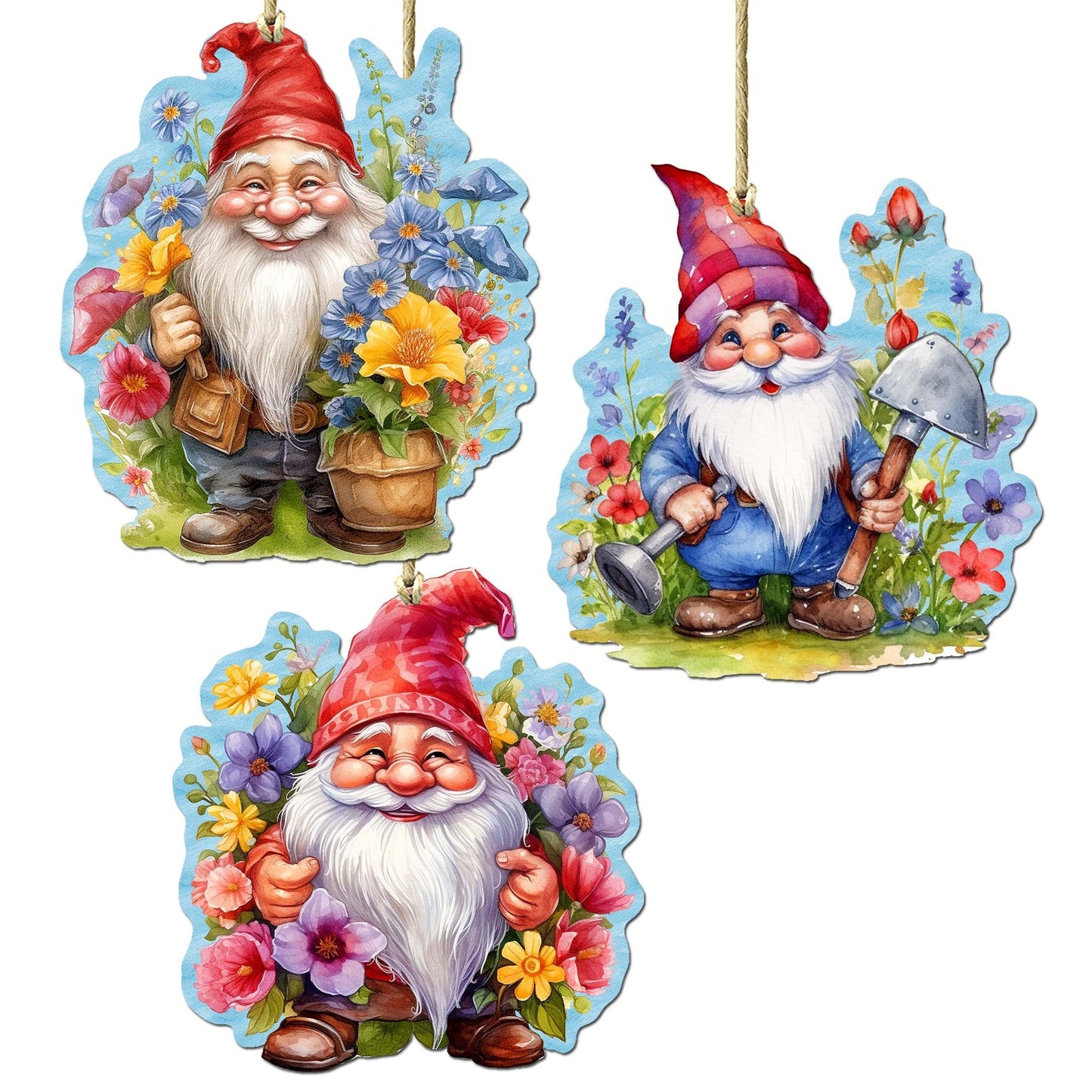 Garden Gnomes Decorative Wooden Ornaments Set of 3 by G. Debrekht - Spring Easter Decor - 8091030-S3