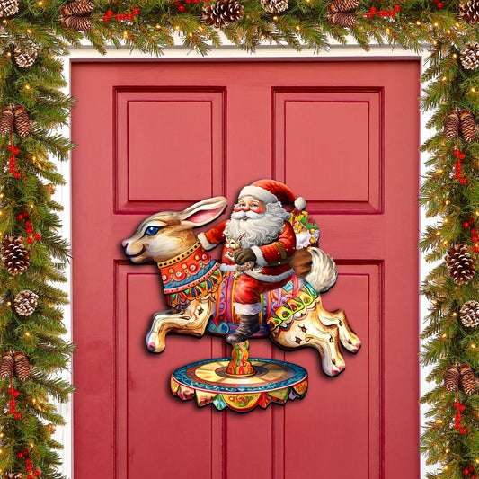 Santa Claus on Bunny Carousel Holiday Door Decor by G. Debrekht - Christmas Santa Snowman Decor - 8611067H
