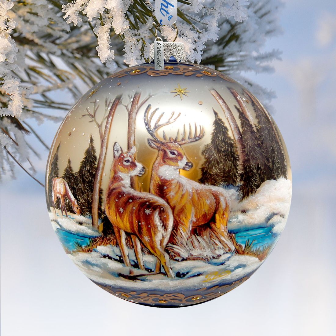 Peaceful Greetings Reindeers Ball Glass Ornament Limited Edition by G. DeBrekht - Christmas Decor - 73883
