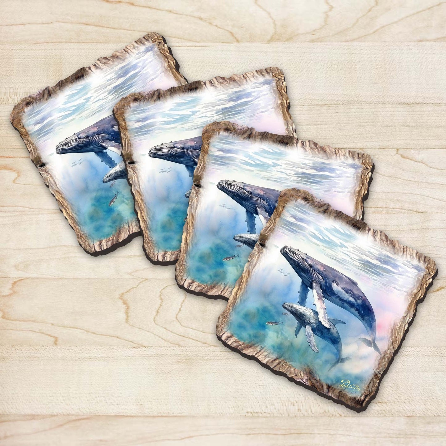 Humpback Whale Wooden Cork Coasters Gift Set of 4 by Nature Wonders Coastal Nature Wildlife Decor  - 95395C-S4