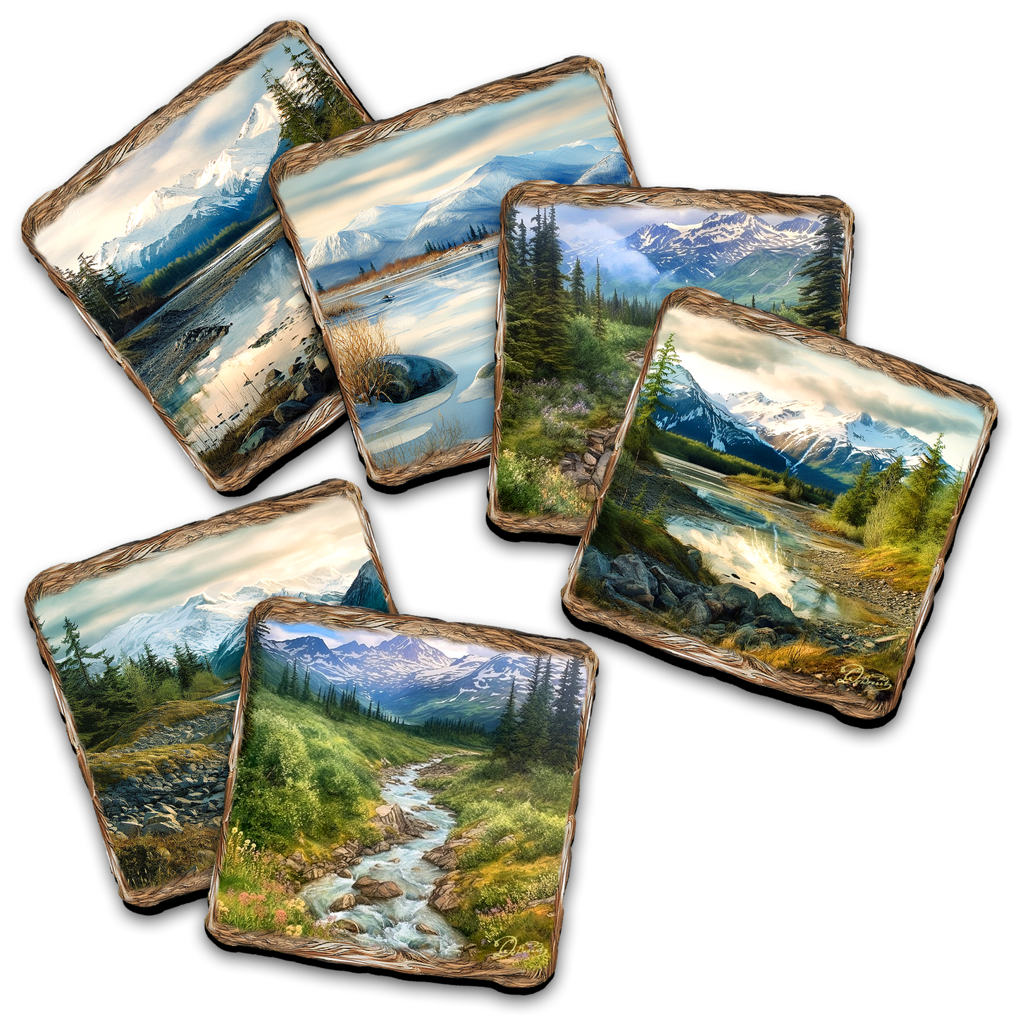 Mountain River Wooden Cork Placemat and Coasters Gift Set of 7 by Nature Wonders Nature Wildlife Decor  - 85407C-S7