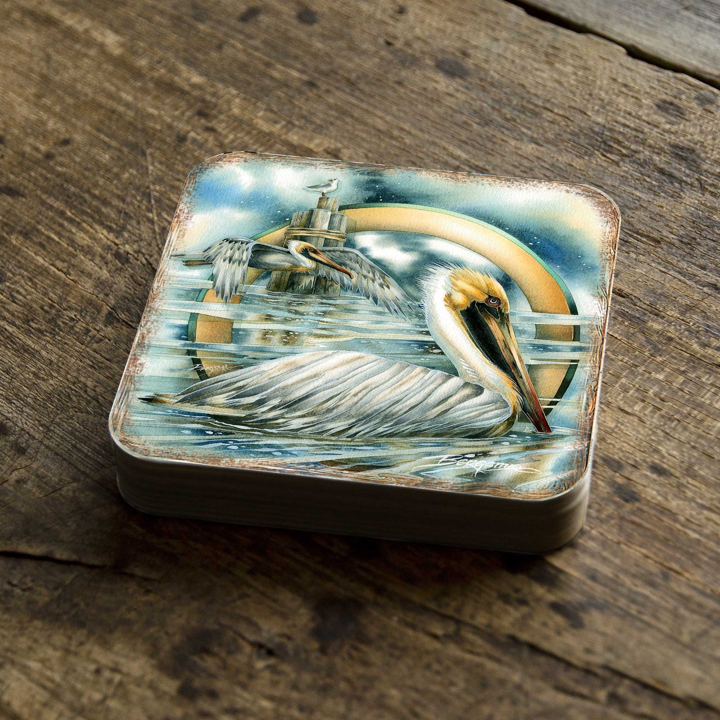 Pelicans Wooden Cork Coasters Gift Set of 4 by J. Bergsma - Coastal Holiday Decor  - 8199460C-S4