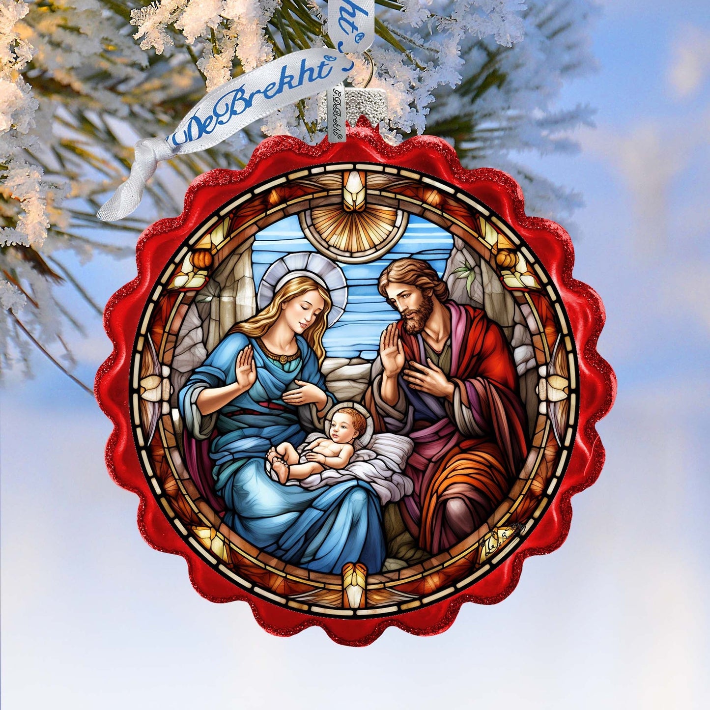 Sacred Beauty - Classic Holy Family Nativity Wreath Glass Ornament by G. Debrekht - Nativity Holiday Decor - 759-056