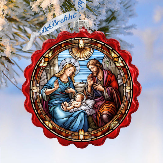 Sacred Beauty - Classic Holy Family Nativity Wreath Glass Ornament by G. Debrekht - Nativity Holiday Decor - 759-056