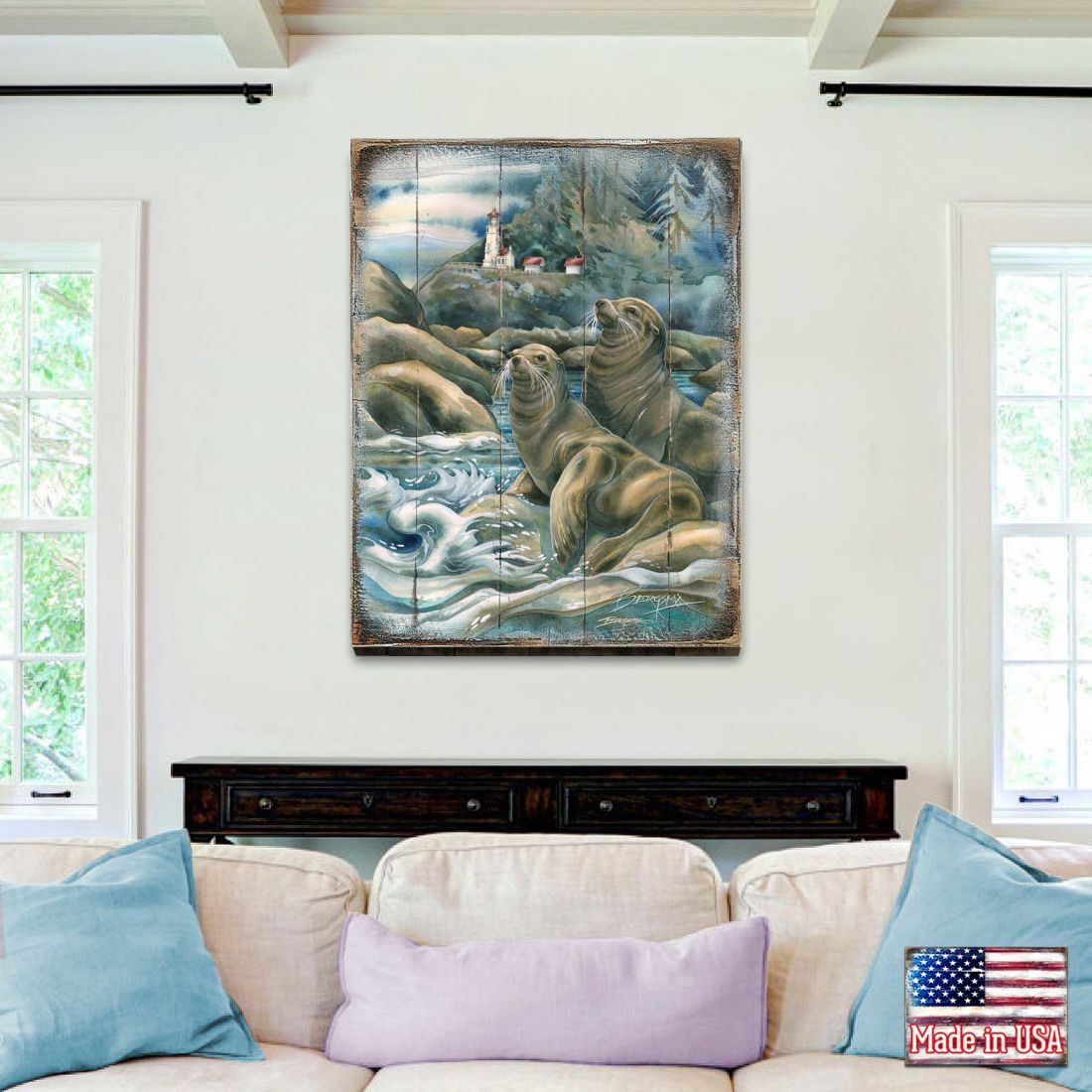 Lions of the Sea Lighthouse Caves Wooden Wall Art by J. Bergsma - Nature Wildlife Decor  - 8592883BP-JB