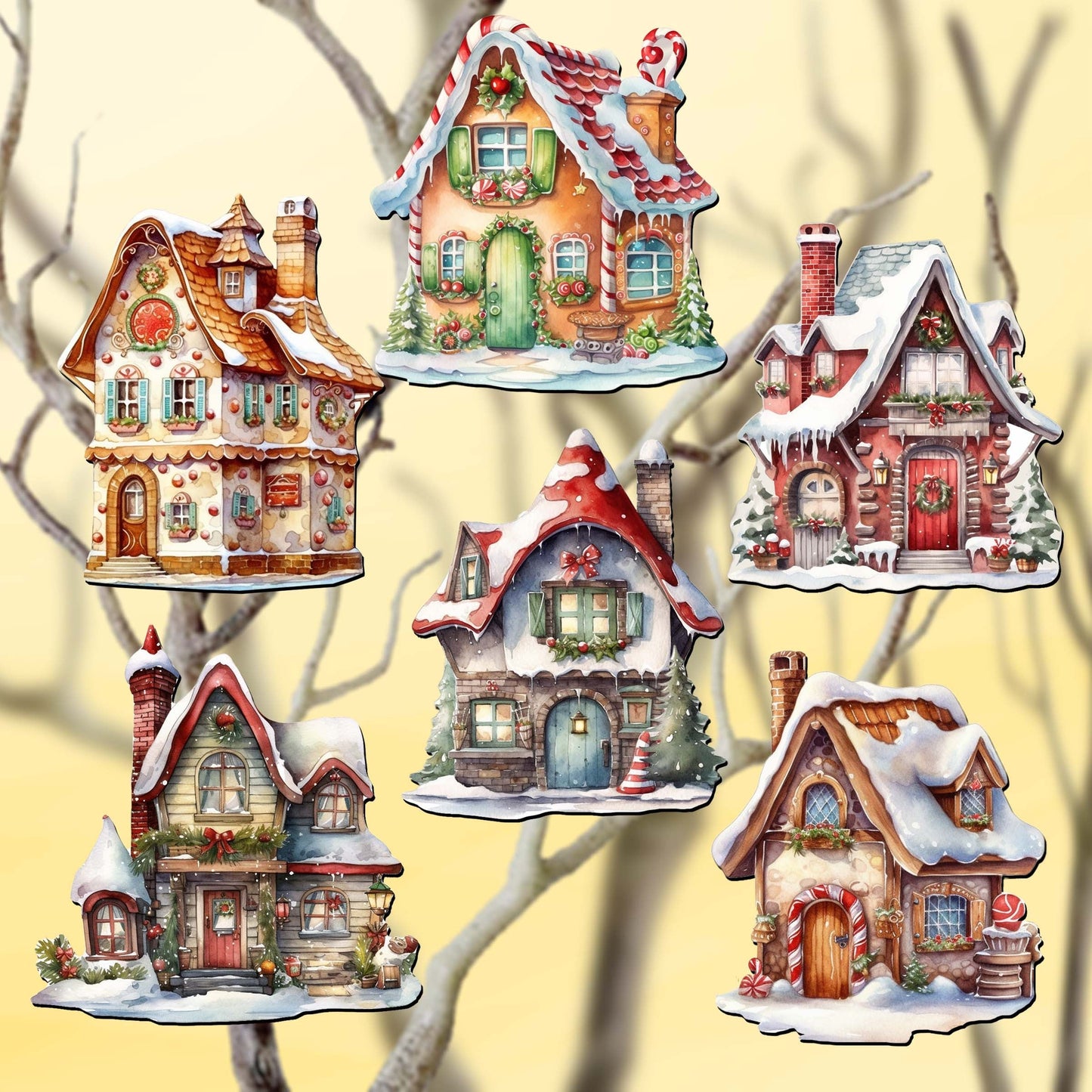 Christmas Houses Decorative Wooden Clip-on Ornaments Set of 6 by G. Debrekht - Christmas Decor - 8090024C-S6