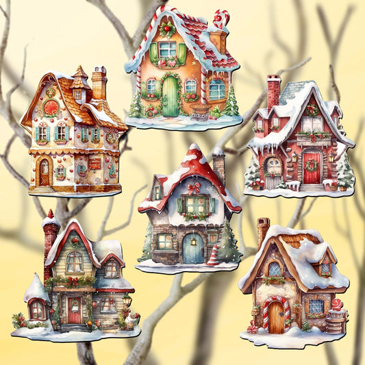 Christmas Houses Decorative Wooden Clip-on Ornaments Set of 6 by G. Debrekht - Christmas Decor - 8090024C-S6