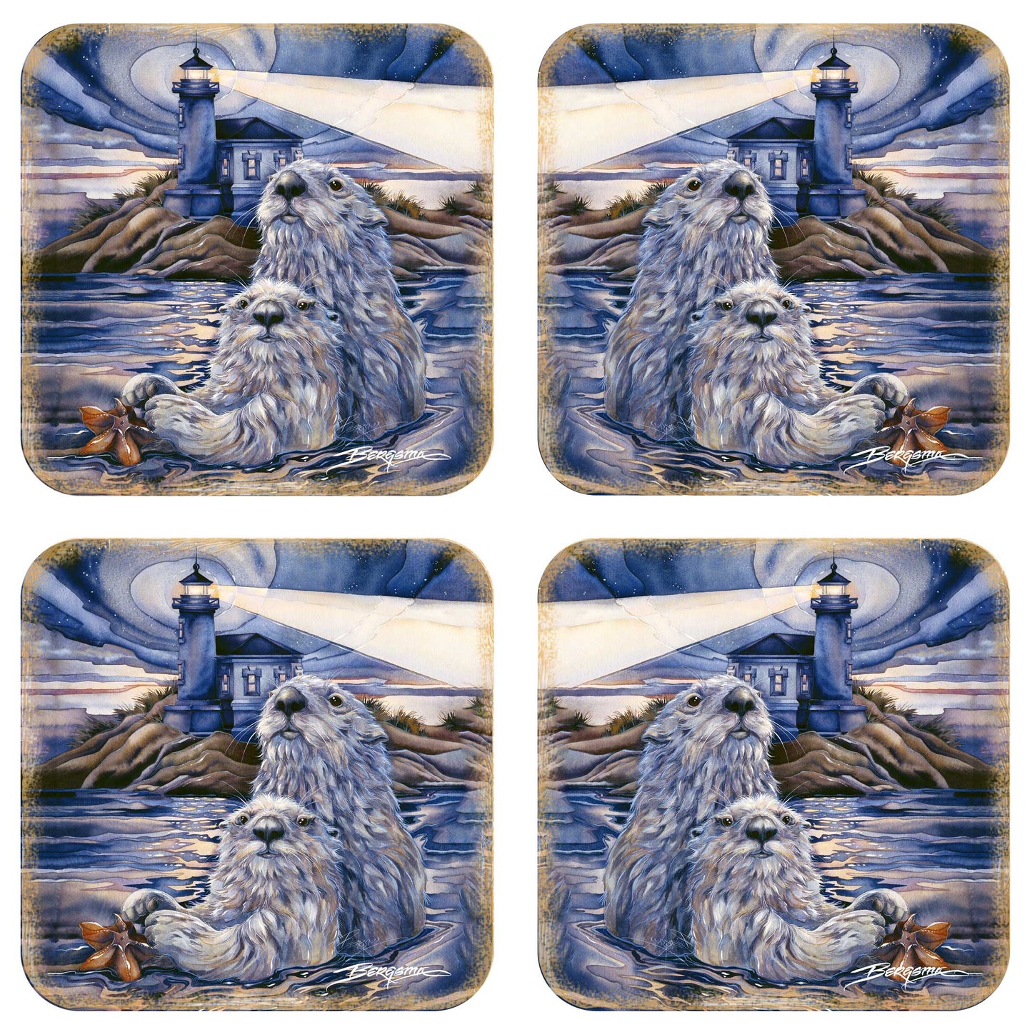 Starlight Otters Wooden Cork Coasters Gift Set of 4 by J. Bergsma - Wildlife Decor  - 8199473C-S4
