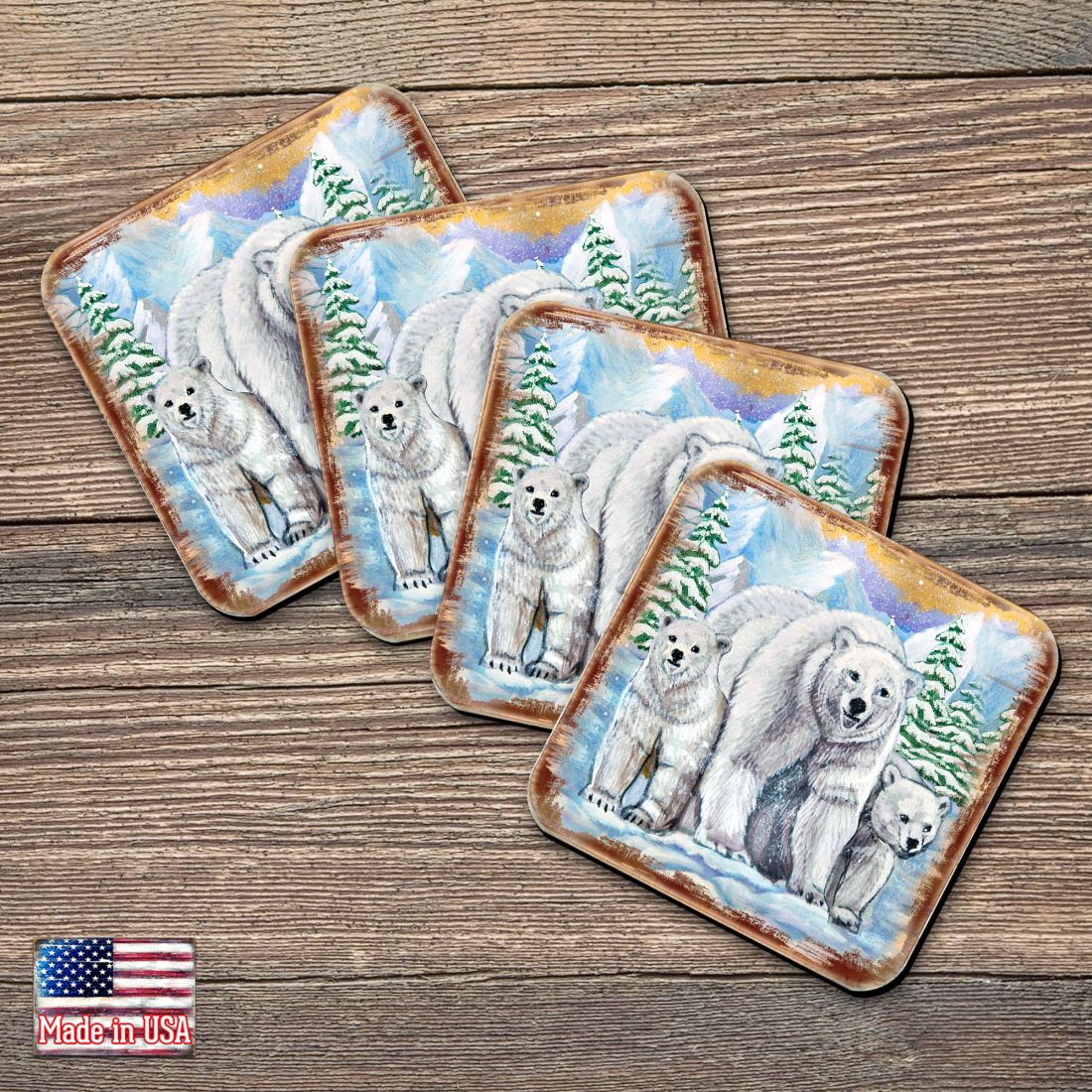Polar Bear Family Wooden Cork Coasters Gift Set of 4 by Nature Wonders - Nature Wildlife Decor  - 95215C-S4