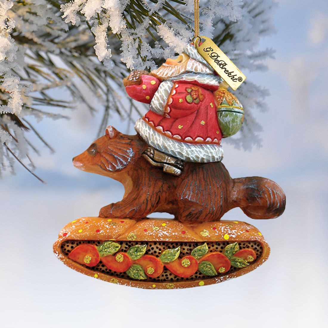 Santa On Raccoon Sculpted Hand-Painted Christmas Ornament by G. DeBrekht - Christmas Santa Snowman Decor - 63132