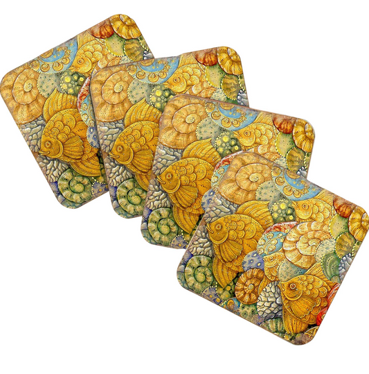 Fish Coastal Art Wooden Cork Coasters Gift Set of 4 by Nature Wonders - Nature Wildlife Decor  - 95018C-S4