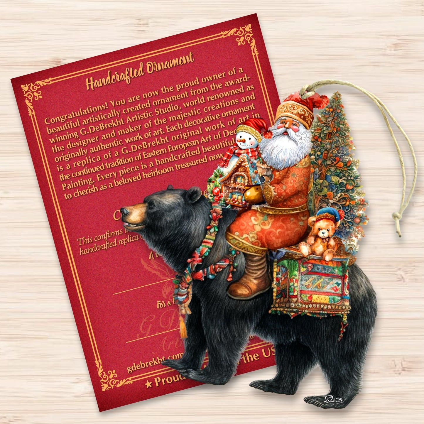 Santa on Black Bear Wooden Ornaments Christmas Santa Snowman Decor - 8611064