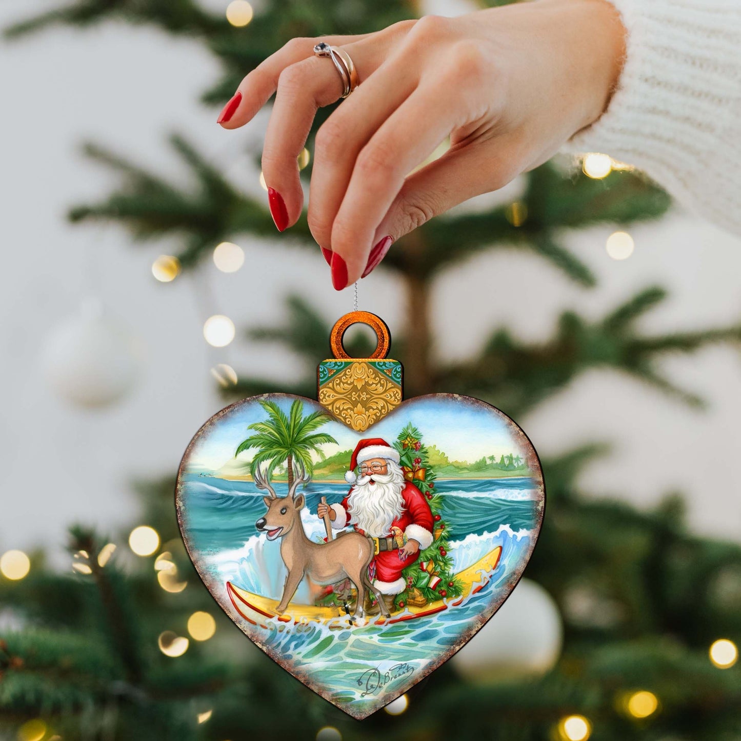 Wooden Christmas Ornaments - Surfing Santa Heart Wooden Ornaments by G.Debrekht - Coastal Holiday Decor - 8688174