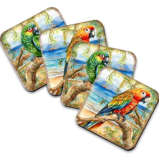 Parrots Wooden Cork Coasters Gift Set of 4 by G. Debrekht - Coastal Holiday Decor  - 8199451C-S4