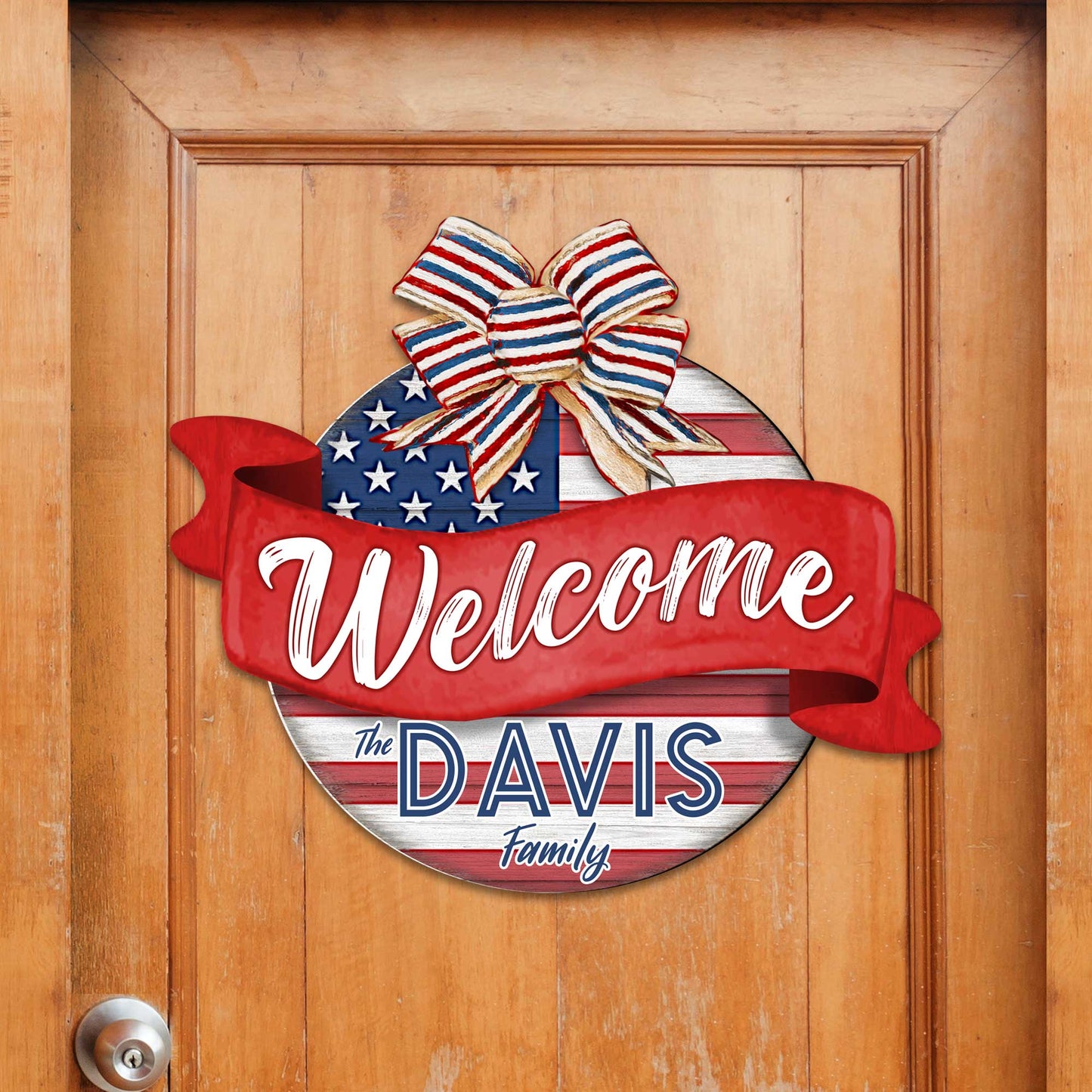 Front door welcome sign Custom name American flag porch wreath Main entrance Family Welcome sign - Wooden front porch decor - 933103HC