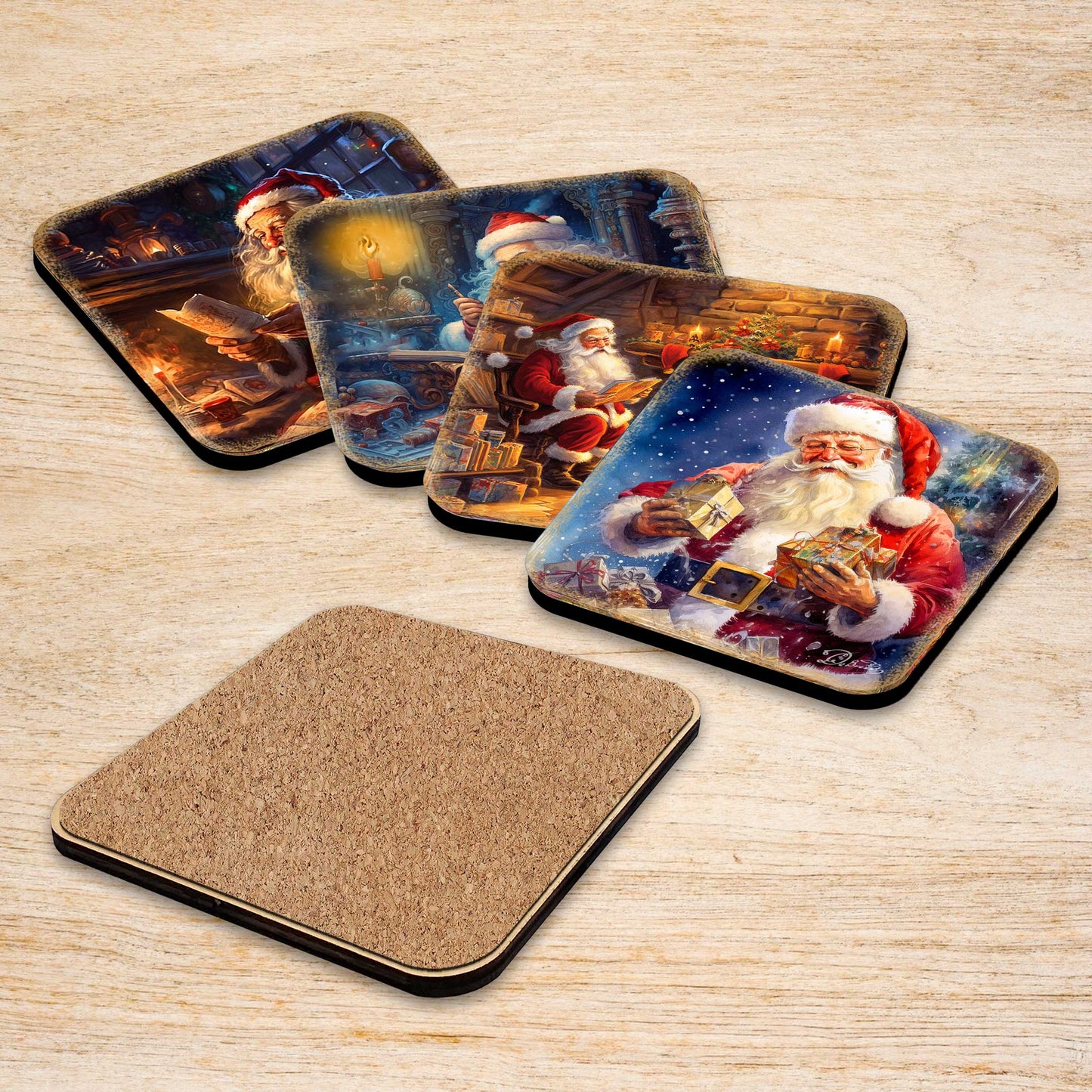Santa Claus Wooden Cork Coasters Gift Set of 4 by G. Debrekht - Santa Christmas Decor  - 8199442C-S4