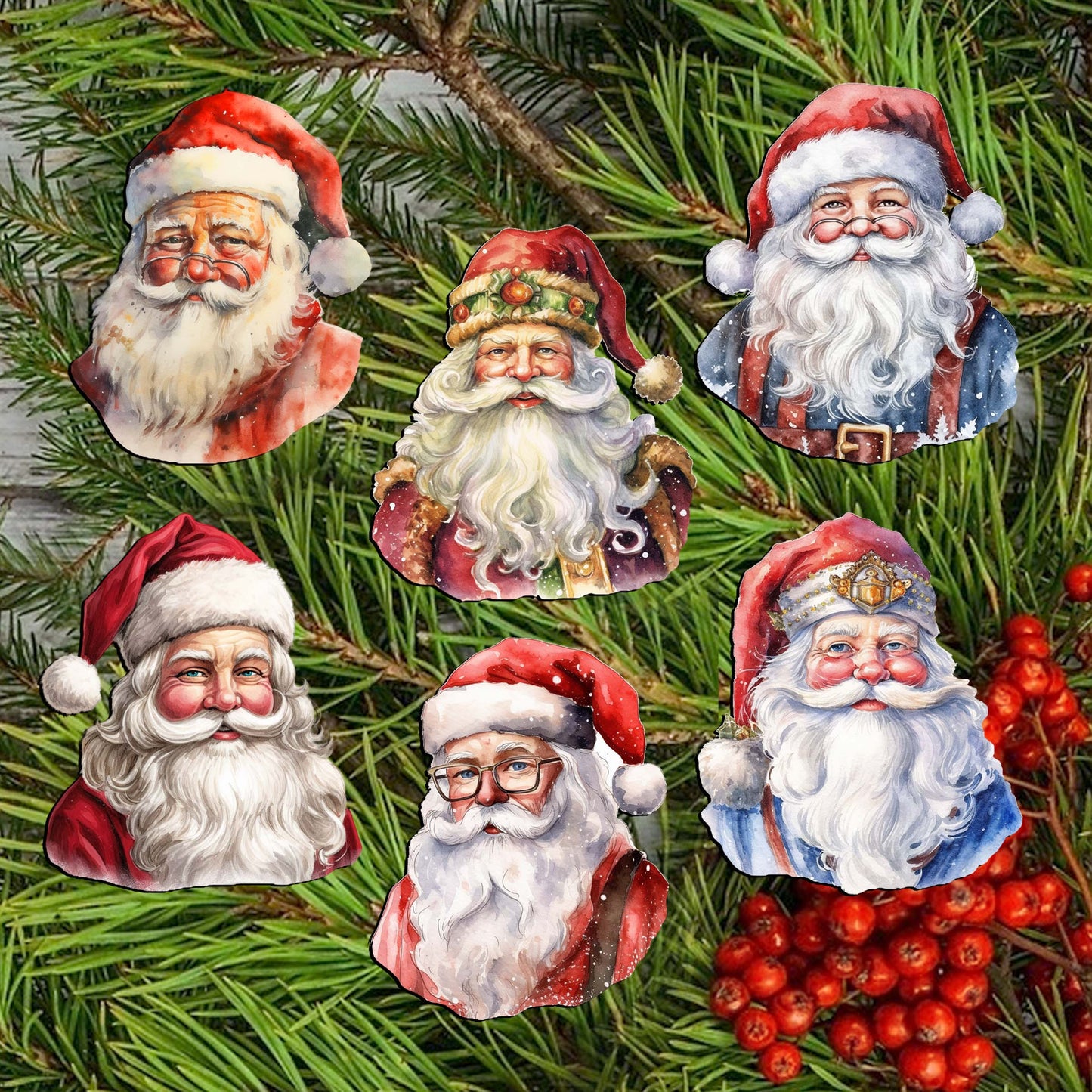 Jolly Santa Faces Decorative Wooden Clip-on Ornaments Set of 6 by G. Debrekht - Christmas Decor - 8090045C-S6