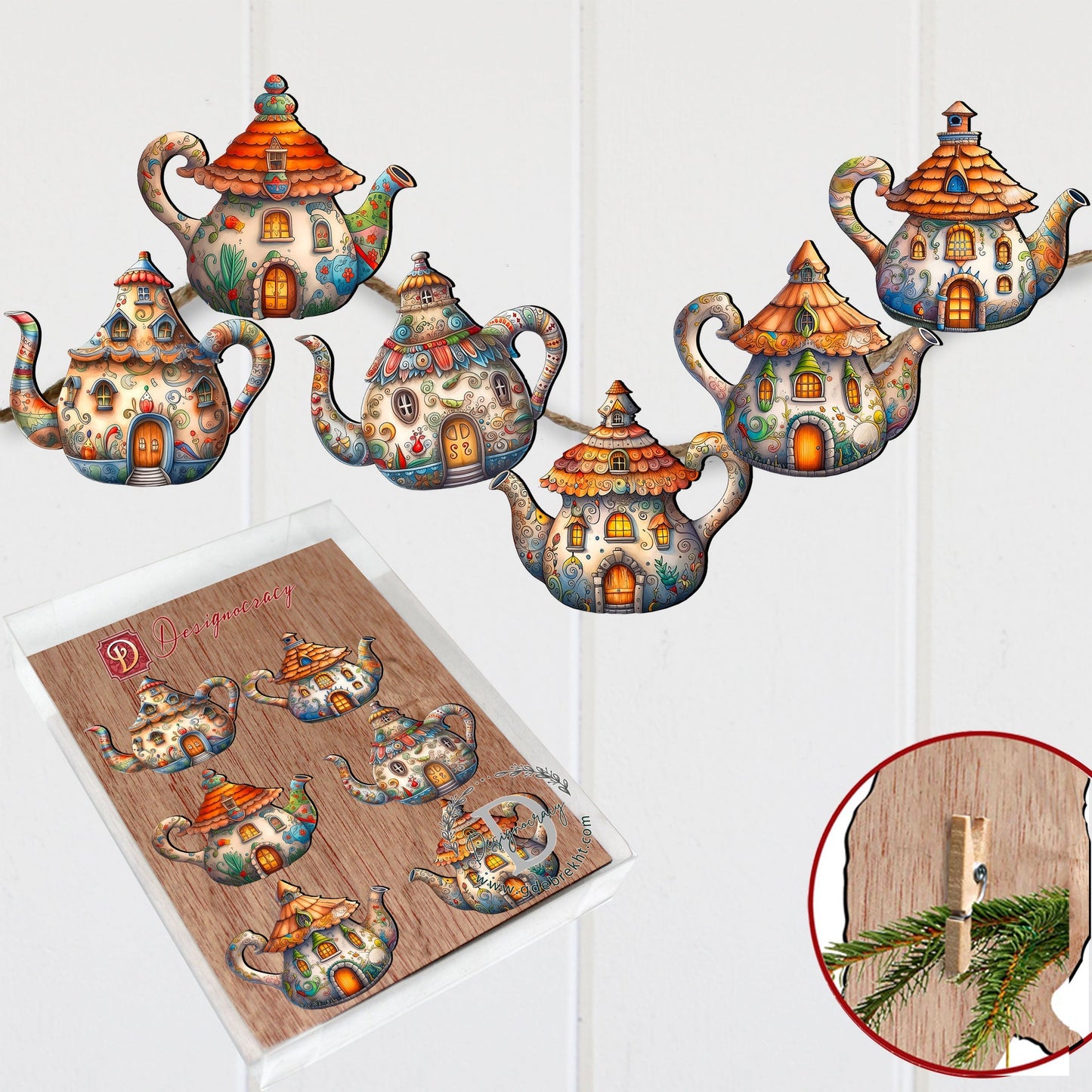 Teapots Decorative Wooden Clip-on Ornaments Set of 6 by G. Debrekht - Love Family Decor - 8090072C-S6