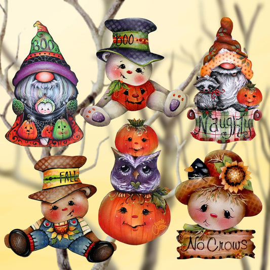 Hello Fall - Pumkin, Scarecrow, Gnome Decorative Wooden Clip-on Ornaments Set of 6 by Jamie Mills-Price - Thanksgiving Decor - 8090047C-MP-S6