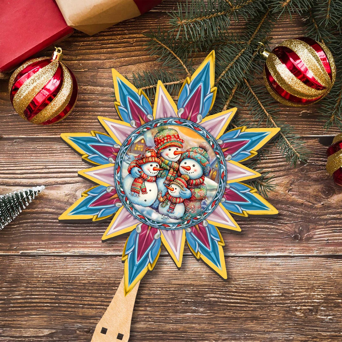 Snowman Family Star Tree Topper Wooden Decor by G. Debrekht - Santa Snowman Christmas Decor - 89511