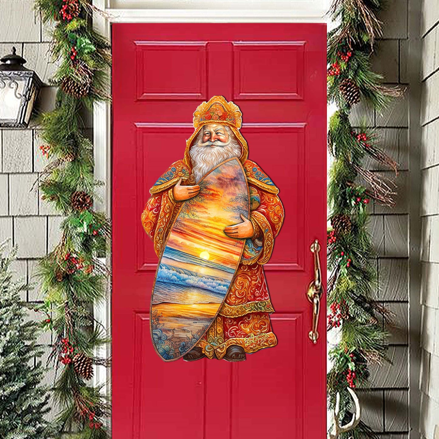 Santa's Tropical Surf Ride Holiday Door Decor by G. Debrekht - Christmas Santa Snowman Decor - 8691413H