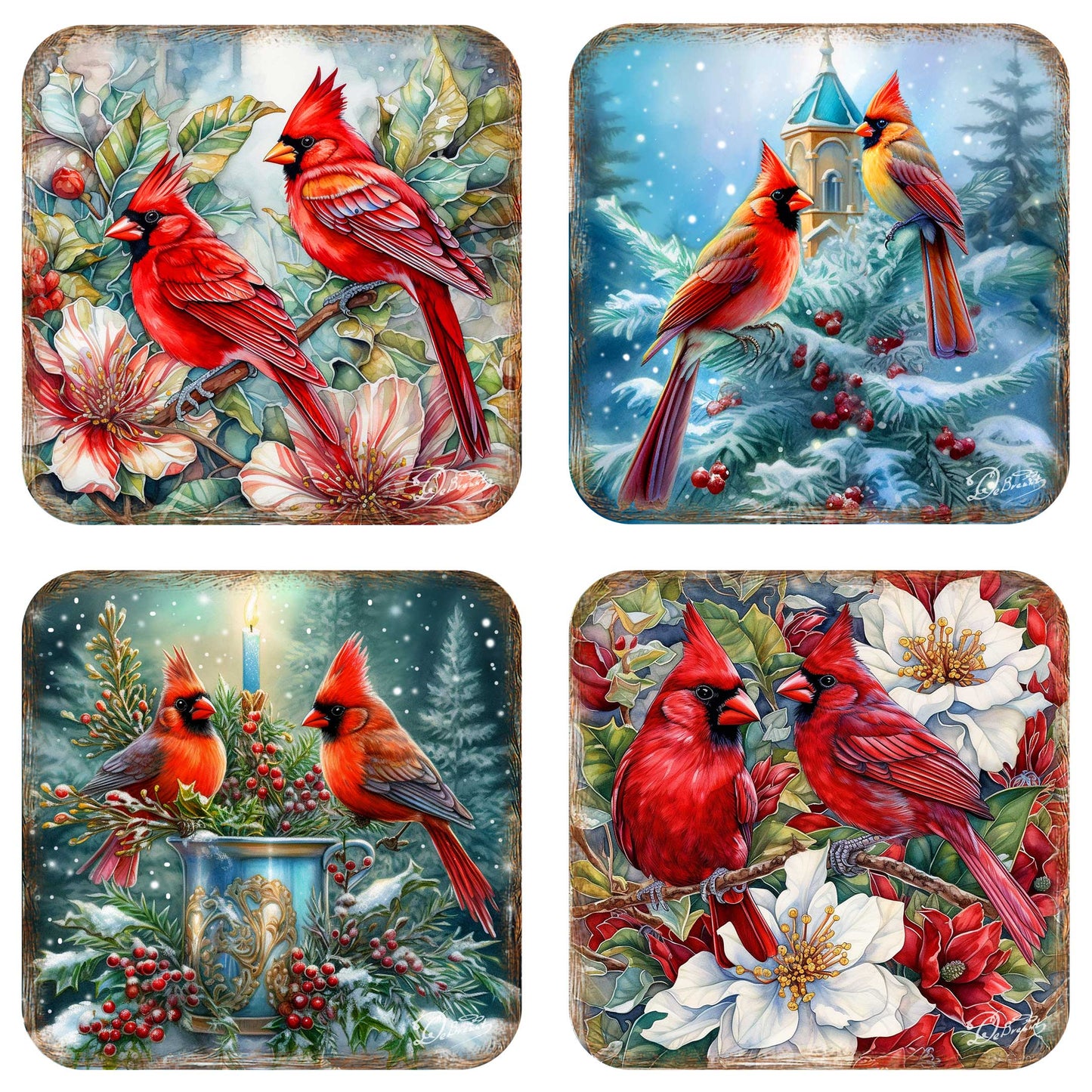 Red Cardinals Wooden Cork Coasters Gift Set of 4 by G. Debrekht - Wildlife Decor  - 8199452C-S4