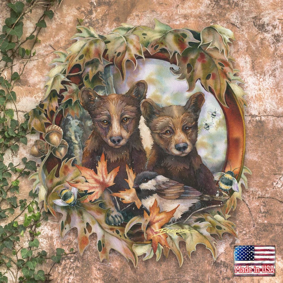 Simple Joys Black Bear Cubs with Bees Wall Art by J. Bergsma - Wildlife Holiday Decor - 8591850W-JB
